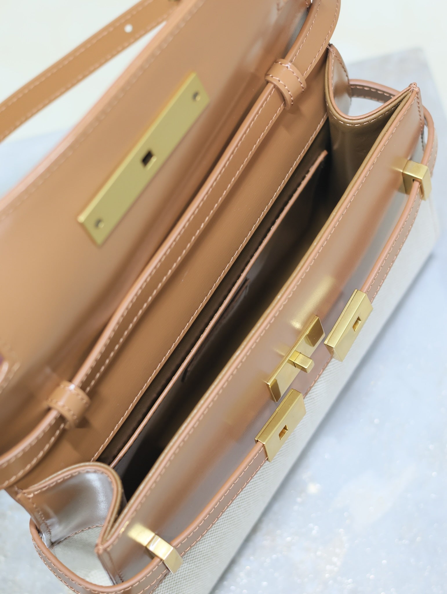 SAINT LAURENT MANHATTAN SMALL 24 IN WHITE CANVAS AND BROWN CALFSKIN GOLD HARDWARE
