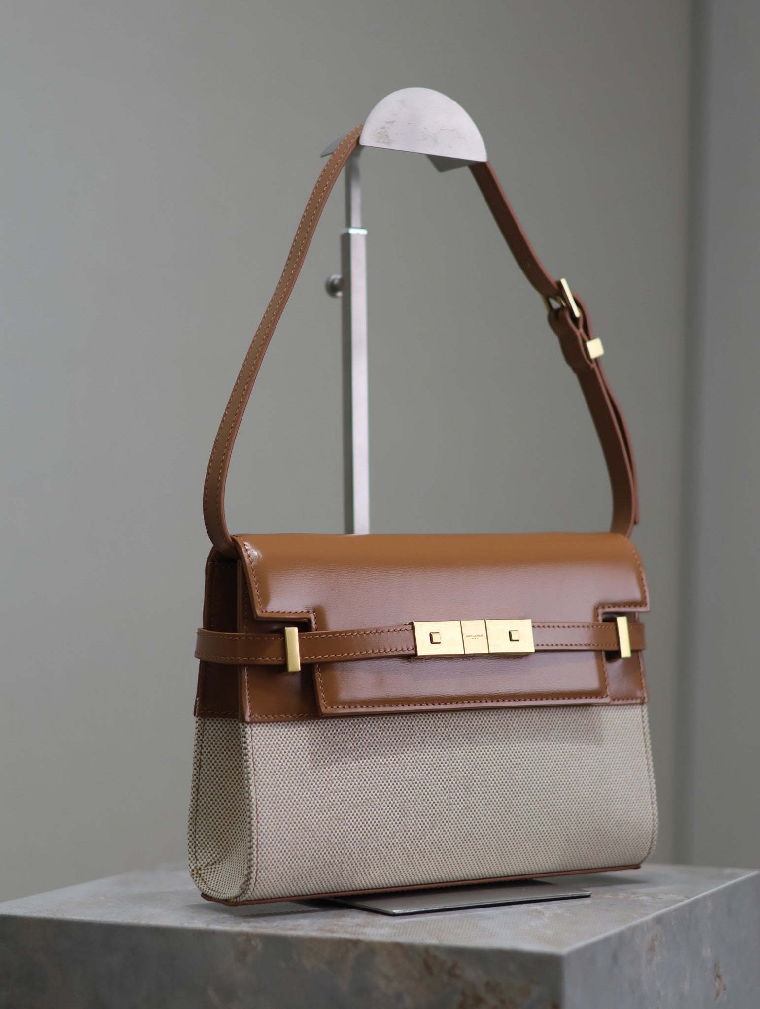 SAINT LAURENT MANHATTAN SMALL 24 IN WHITE CANVAS AND BROWN CALFSKIN GOLD HARDWARE