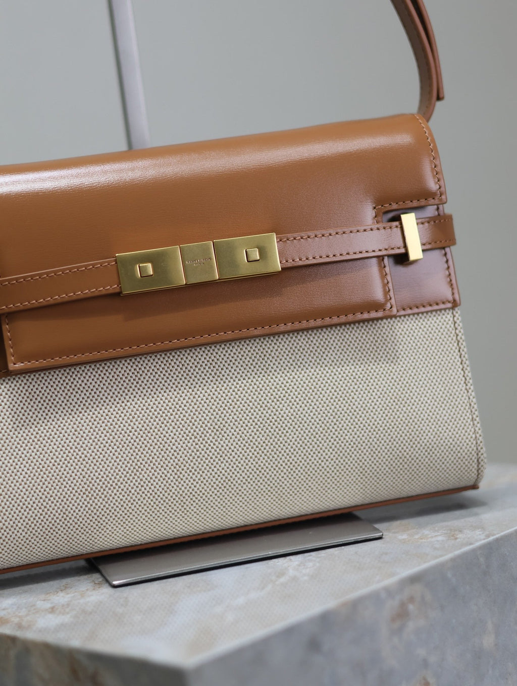 SAINT LAURENT MANHATTAN SMALL 24 IN WHITE CANVAS AND BROWN CALFSKIN GOLD HARDWARE