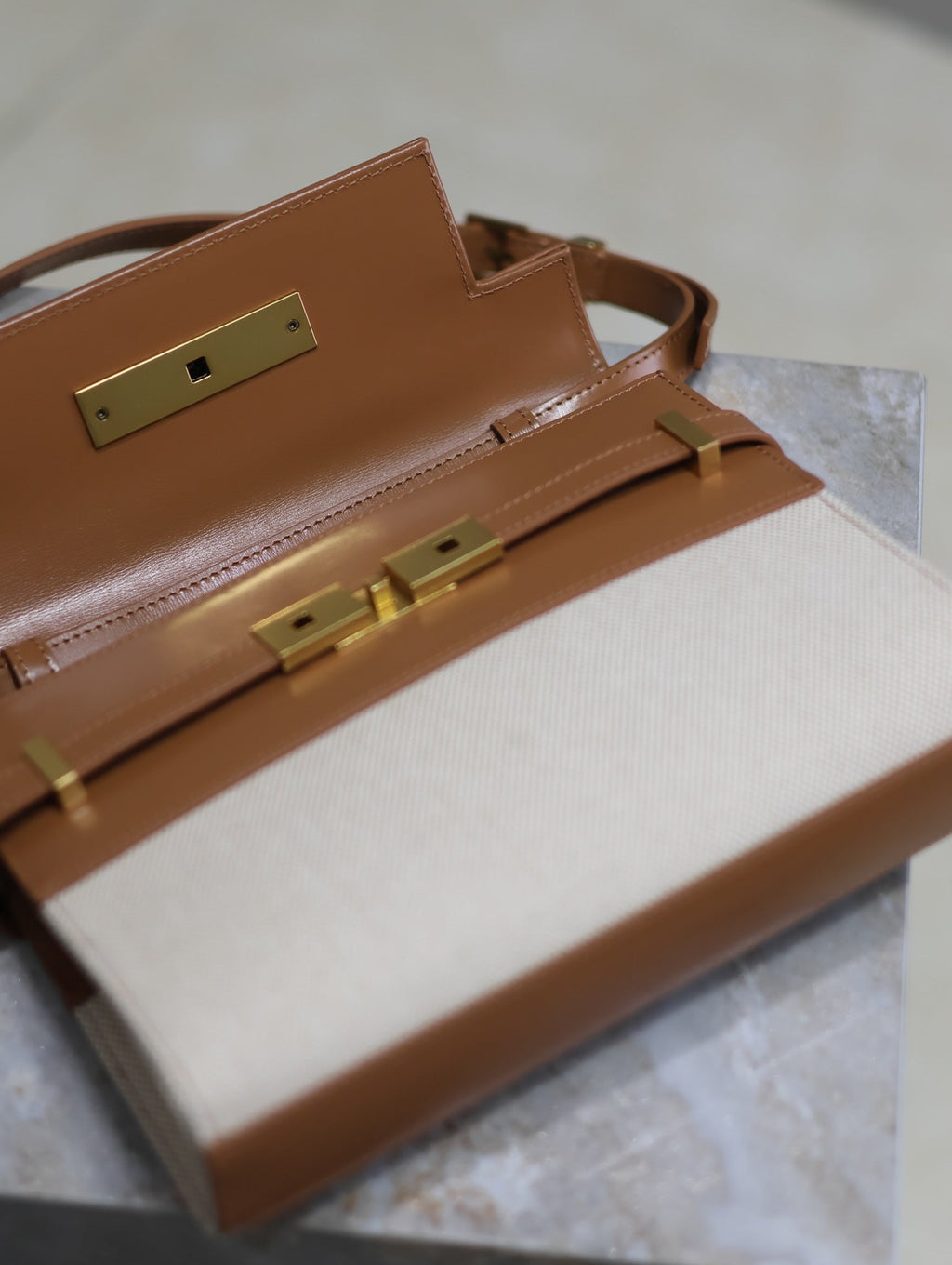 SAINT LAURENT MANHATTAN SMALL 24 IN WHITE CANVAS AND BROWN CALFSKIN GOLD HARDWARE