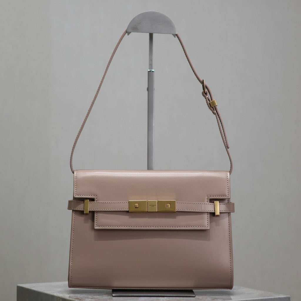 SAINT LAURENT MANHATTAN SMALL 24 IN DARK BEIGE SMOOTH LAMBSKIN GOLD HARDWARE