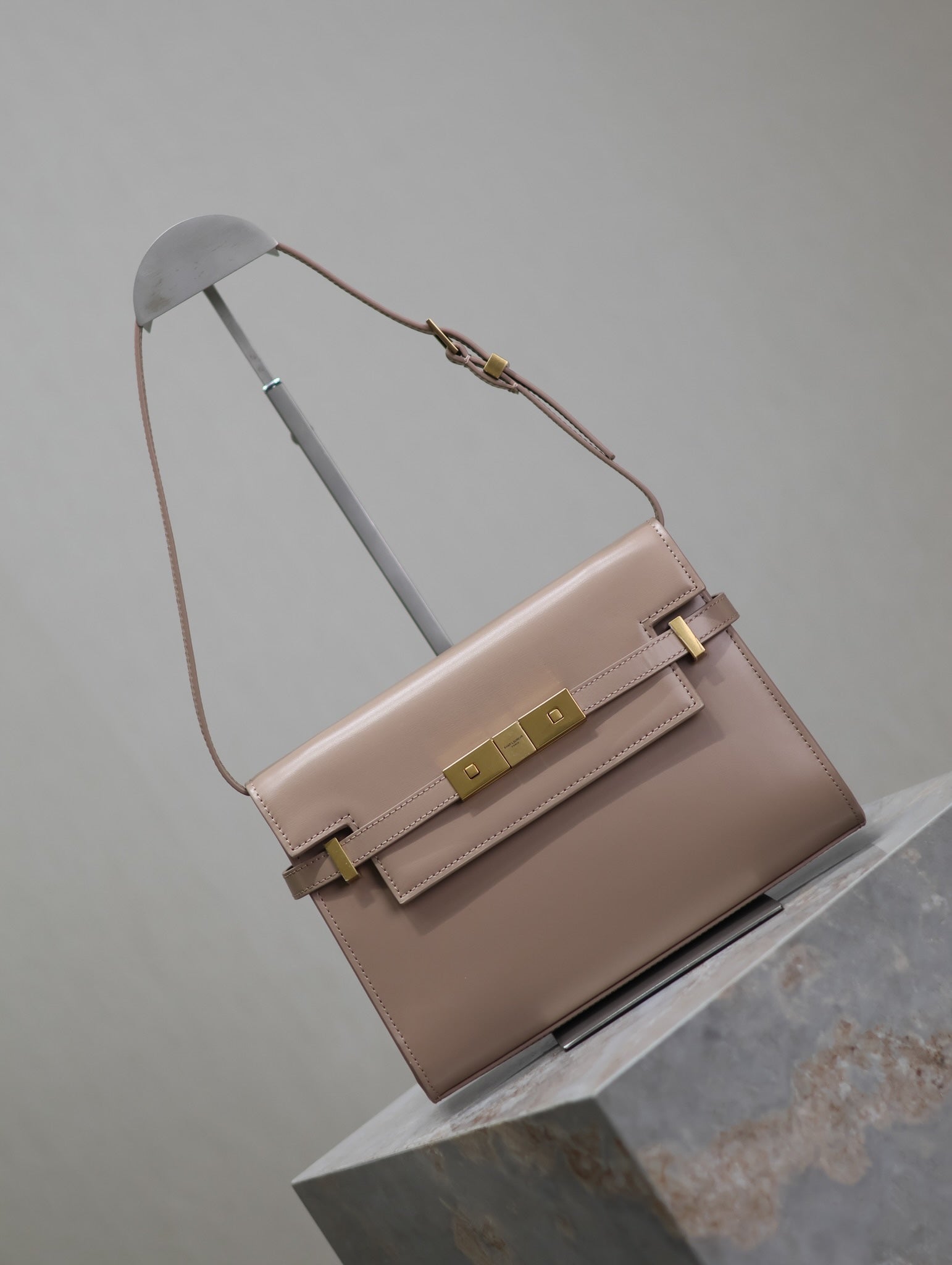 SAINT LAURENT MANHATTAN SMALL 24 IN DARK BEIGE SMOOTH LAMBSKIN GOLD HARDWARE