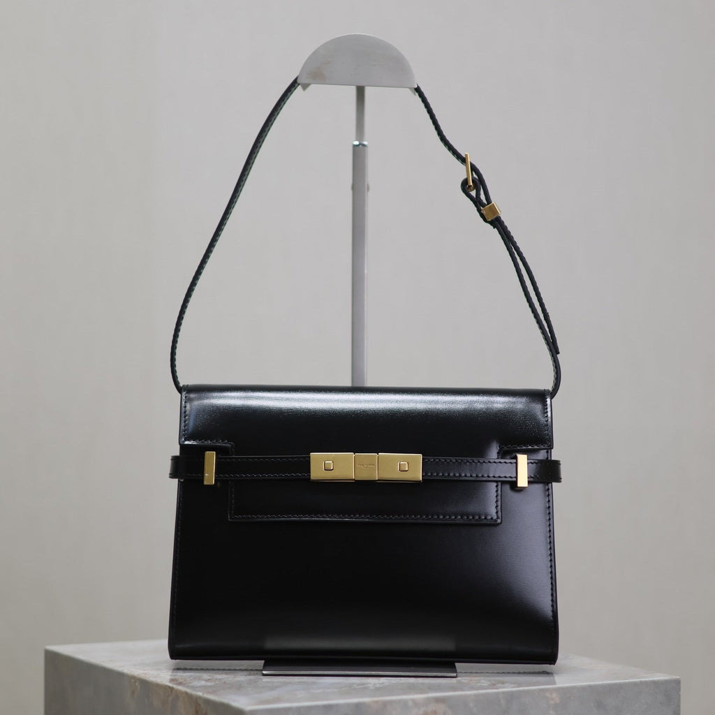 SAINT LAURENT MANHATTAN SMALL 24 IN BLACK SMOOTH LAMBSKIN GOLD HARDWARE