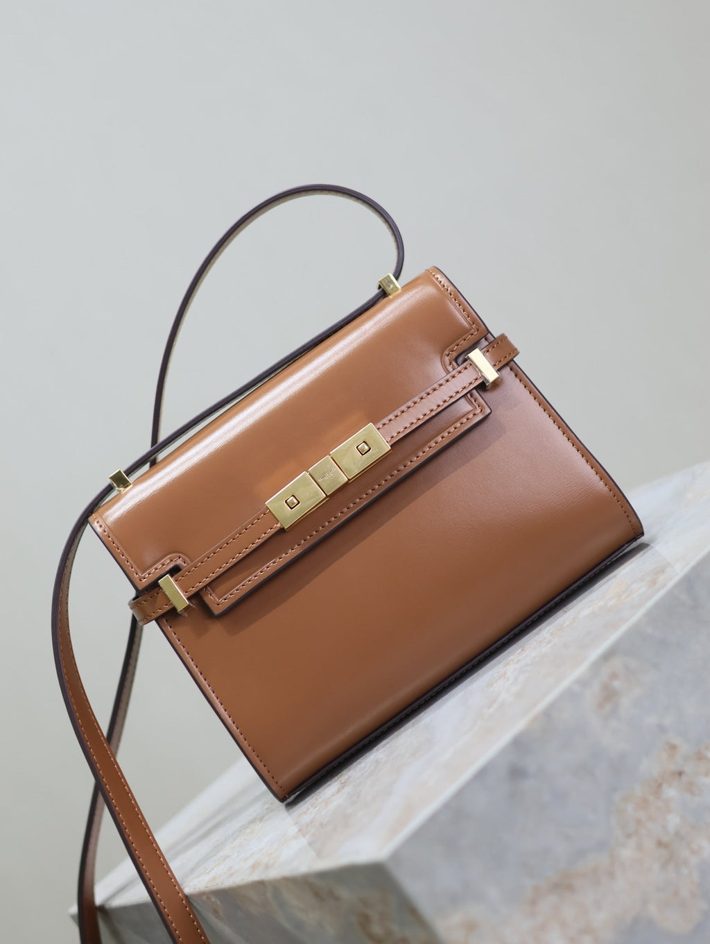 SAINT LAURENT YSL 25S MINI MANHATTAN 19 IN BROWN CALFSKIN GOLD HARDWRE