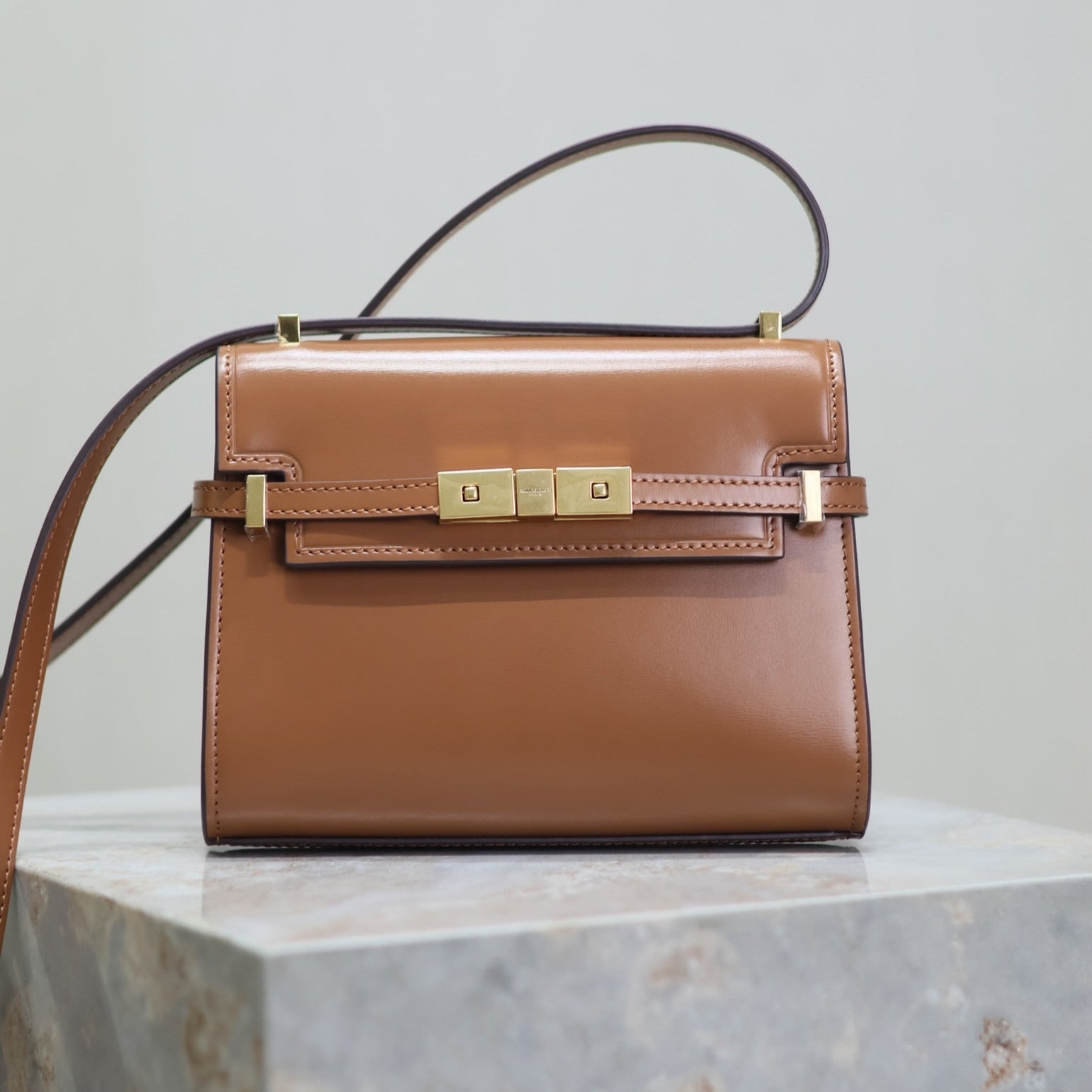 SAINT LAURENT YSL 25S MINI MANHATTAN 19 IN BROWN CALFSKIN GOLD HARDWRE