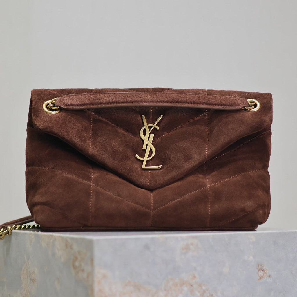 SAINT LAURENT YSL 25S LOULOU PUFFER MM 29 IN DARK BROWN SUEDE GOLD HARDWARE
