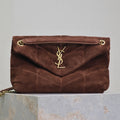 SAINT LAURENT YSL 25S LOULOU PUFFER MM 29 IN DARK BROWN SUEDE GOLD HARDWARE