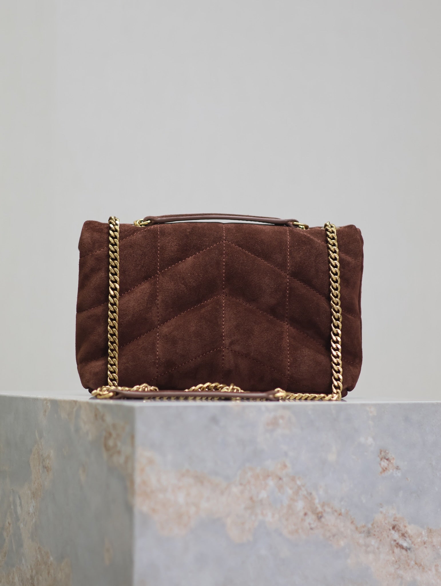 SAINT LAURENT PUFFER TOY 23 IN WALNUT BROWN SUEDE GOLD HARDWARE