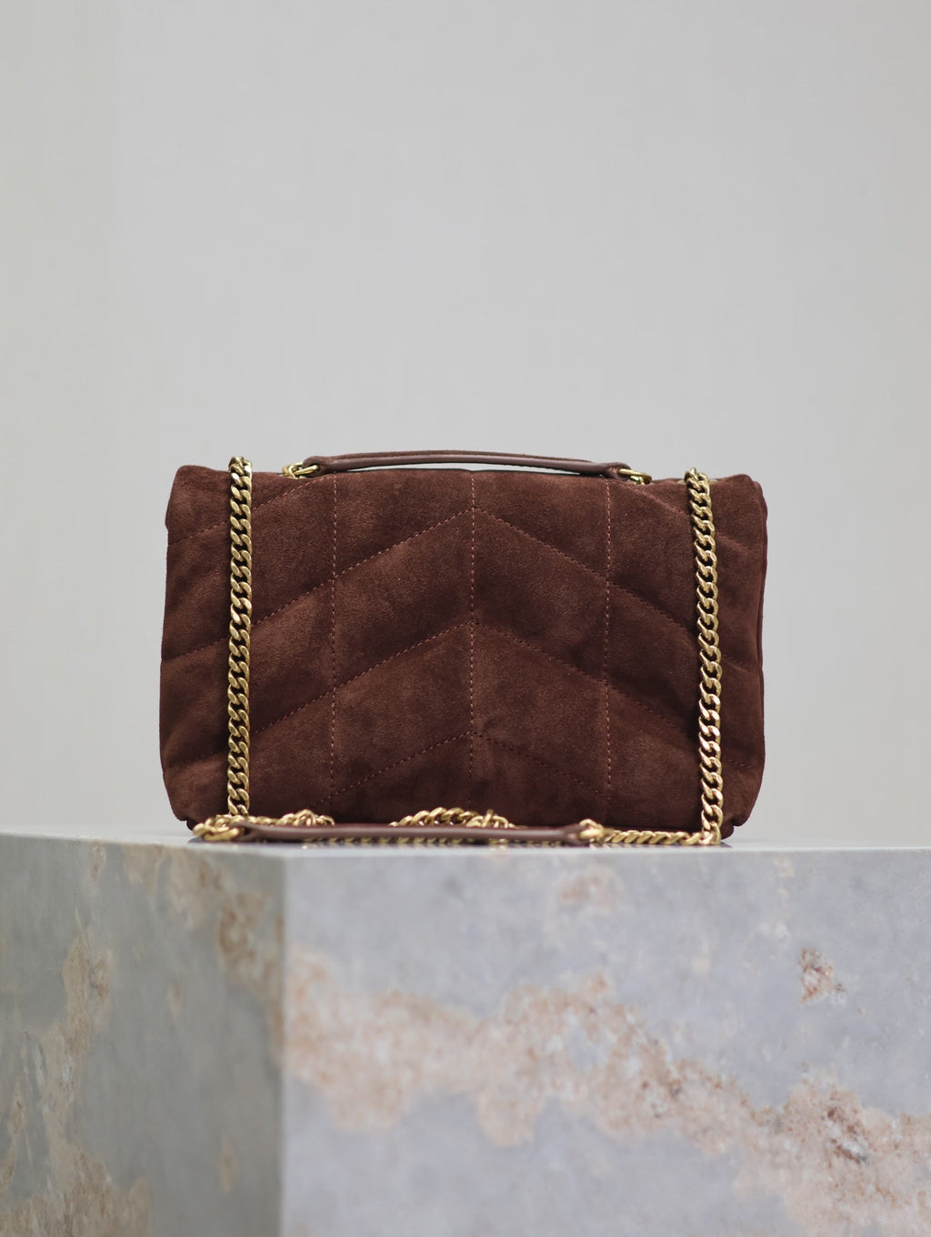 SAINT LAURENT YSL 25S LOULOU PUFFER MINI 23 IN DARK BROWN SUEDE GOLD HARDWARE