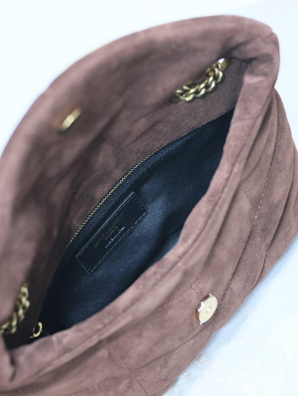 SAINT LAURENT PUFFER TOY 23 IN WALNUT BROWN SUEDE GOLD HARDWARE