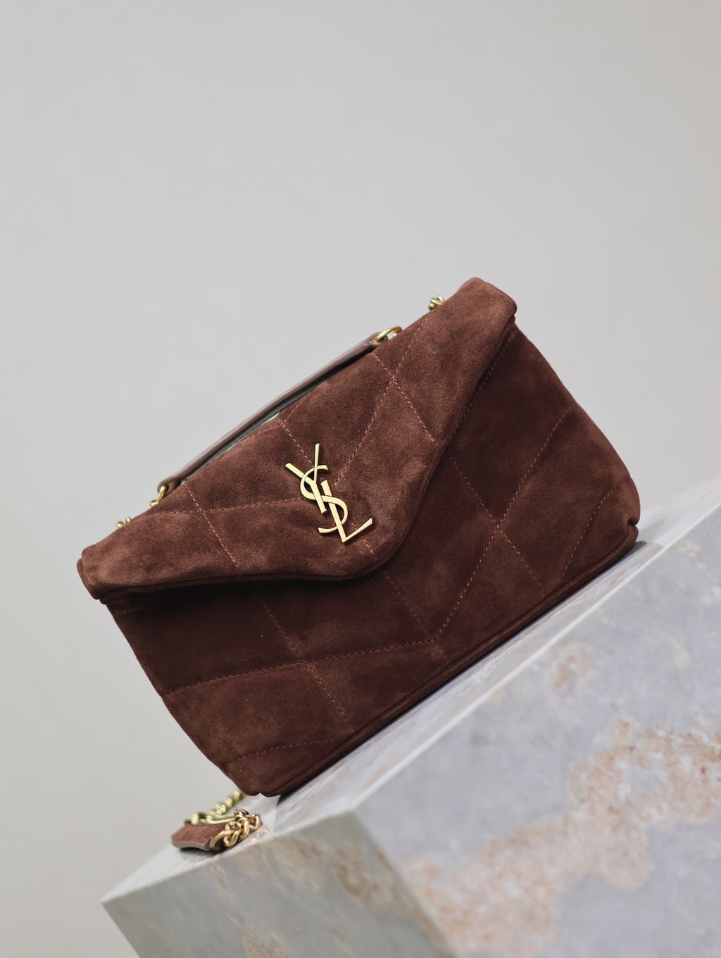 SAINT LAURENT PUFFER TOY 23 IN WALNUT BROWN SUEDE GOLD HARDWARE