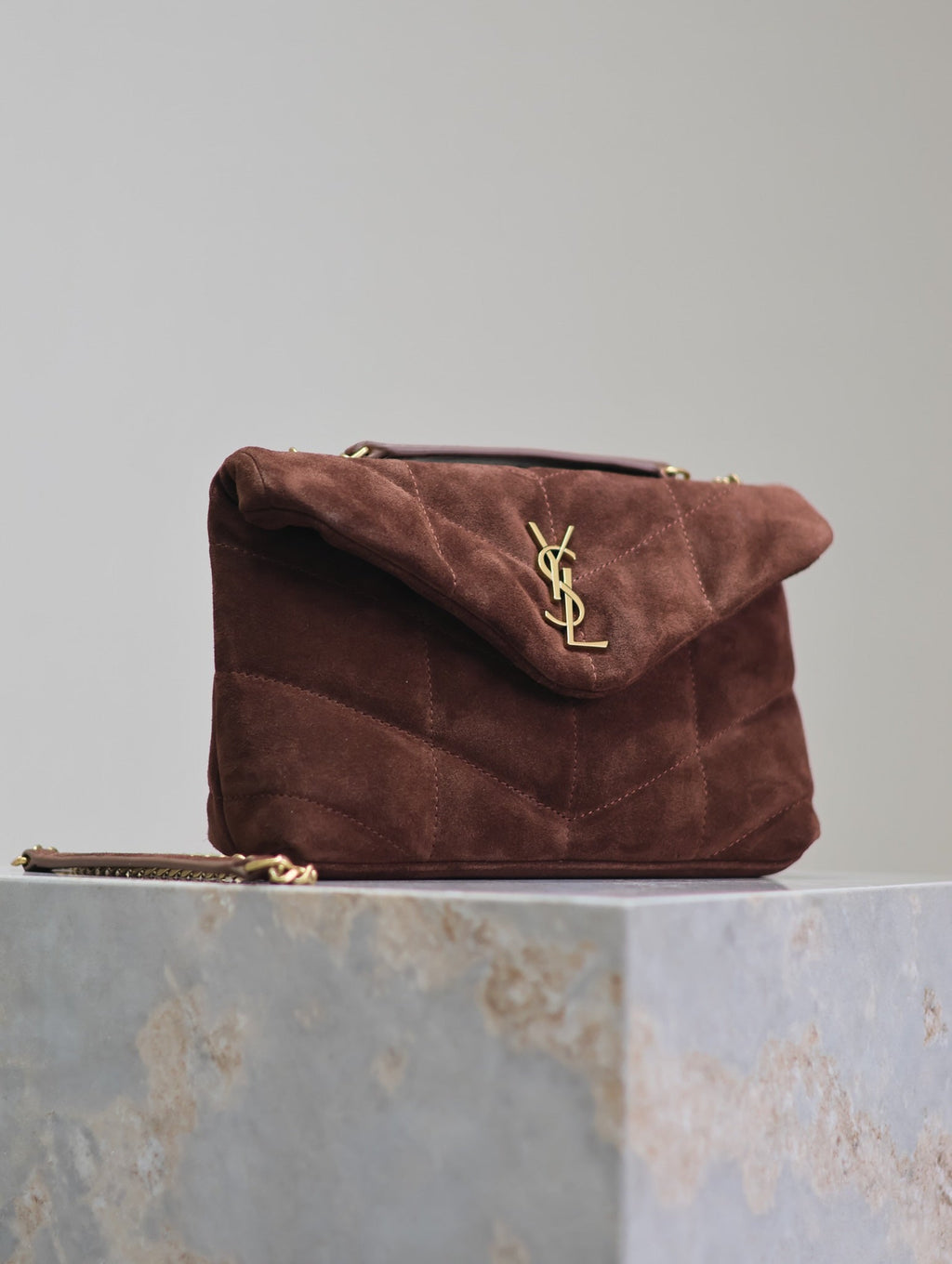 SAINT LAURENT PUFFER TOY 23 IN WALNUT BROWN SUEDE GOLD HARDWARE