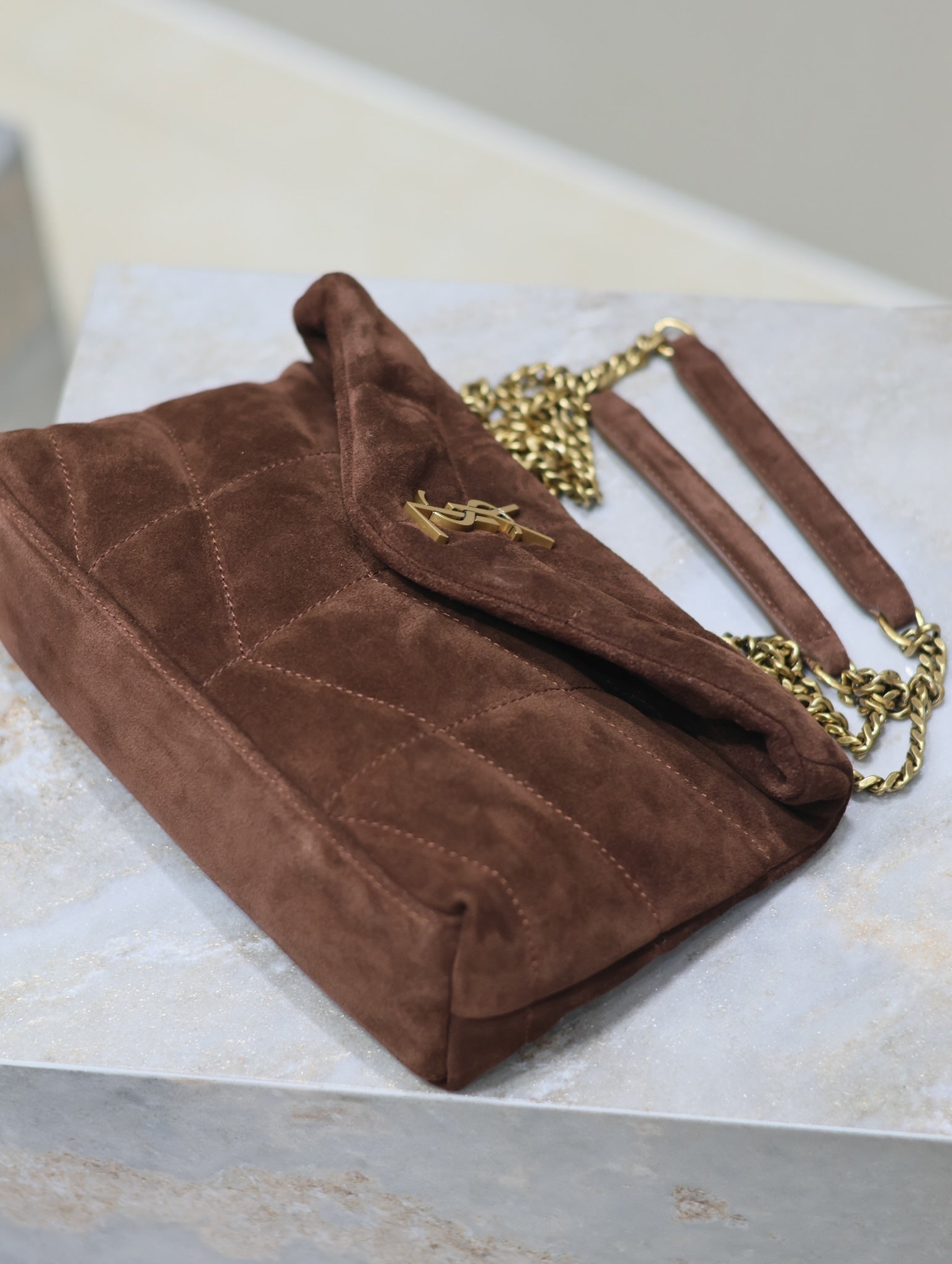 SAINT LAURENT PUFFER TOY 23 IN WALNUT BROWN SUEDE GOLD HARDWARE