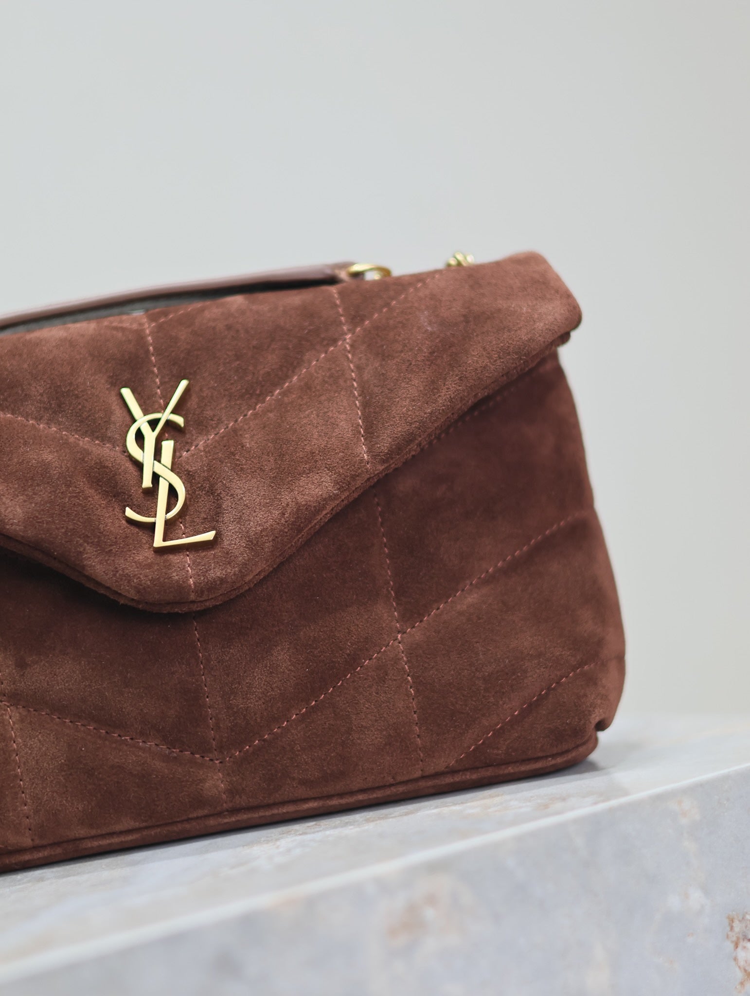 SAINT LAURENT PUFFER TOY 23 IN WALNUT BROWN SUEDE GOLD HARDWARE