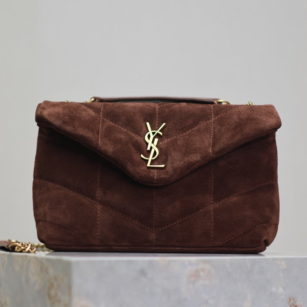 SAINT LAURENT PUFFER TOY 23 IN WALNUT BROWN SUEDE GOLD HARDWARE