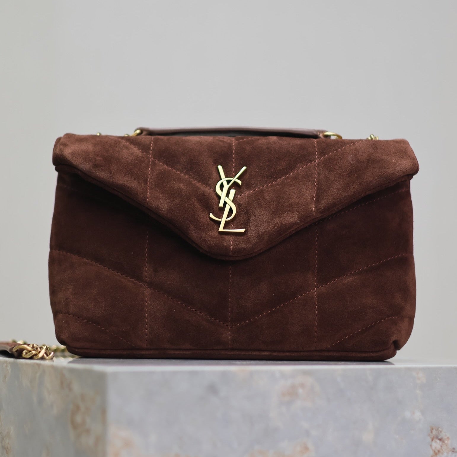 SAINT LAURENT YSL 25S LOULOU PUFFER MINI 23 IN DARK BROWN SUEDE GOLD HARDWARE