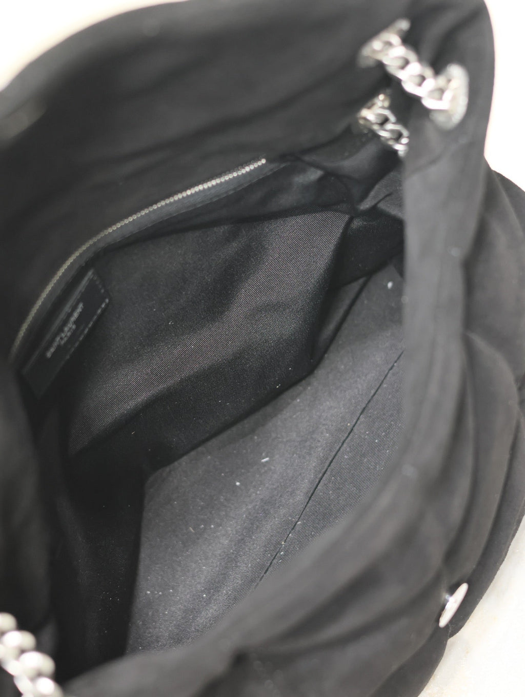SAINT LAURENT YSL 25S LOULOU PUFFER GM 35 IN BLACK SUEDE SILVER HARDWRE