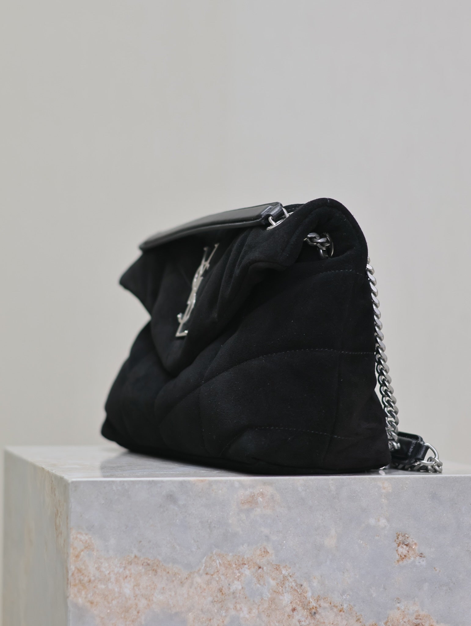 SAINT LAURENT PUFFER SMALL 29 IN BLACK SUEDE SILVER HARDWARE