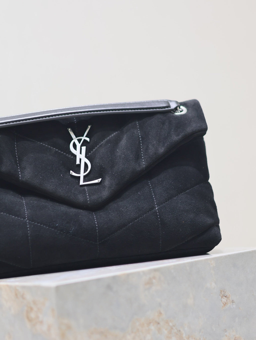 SAINT LAURENT PUFFER SMALL 29 IN BLACK SUEDE SILVER HARDWARE