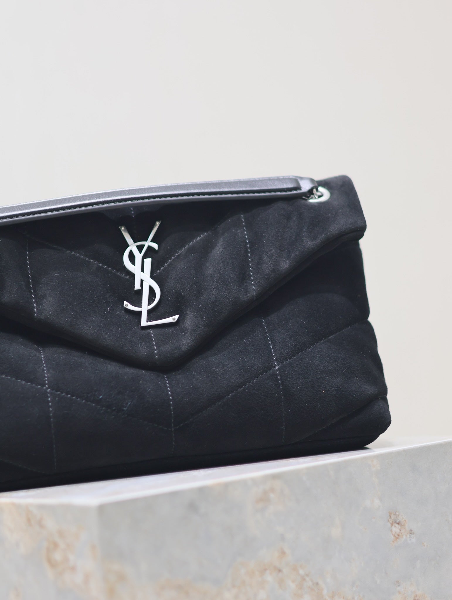 SAINT LAURENT PUFFER SMALL 29 IN BLACK SUEDE SILVER HARDWARE