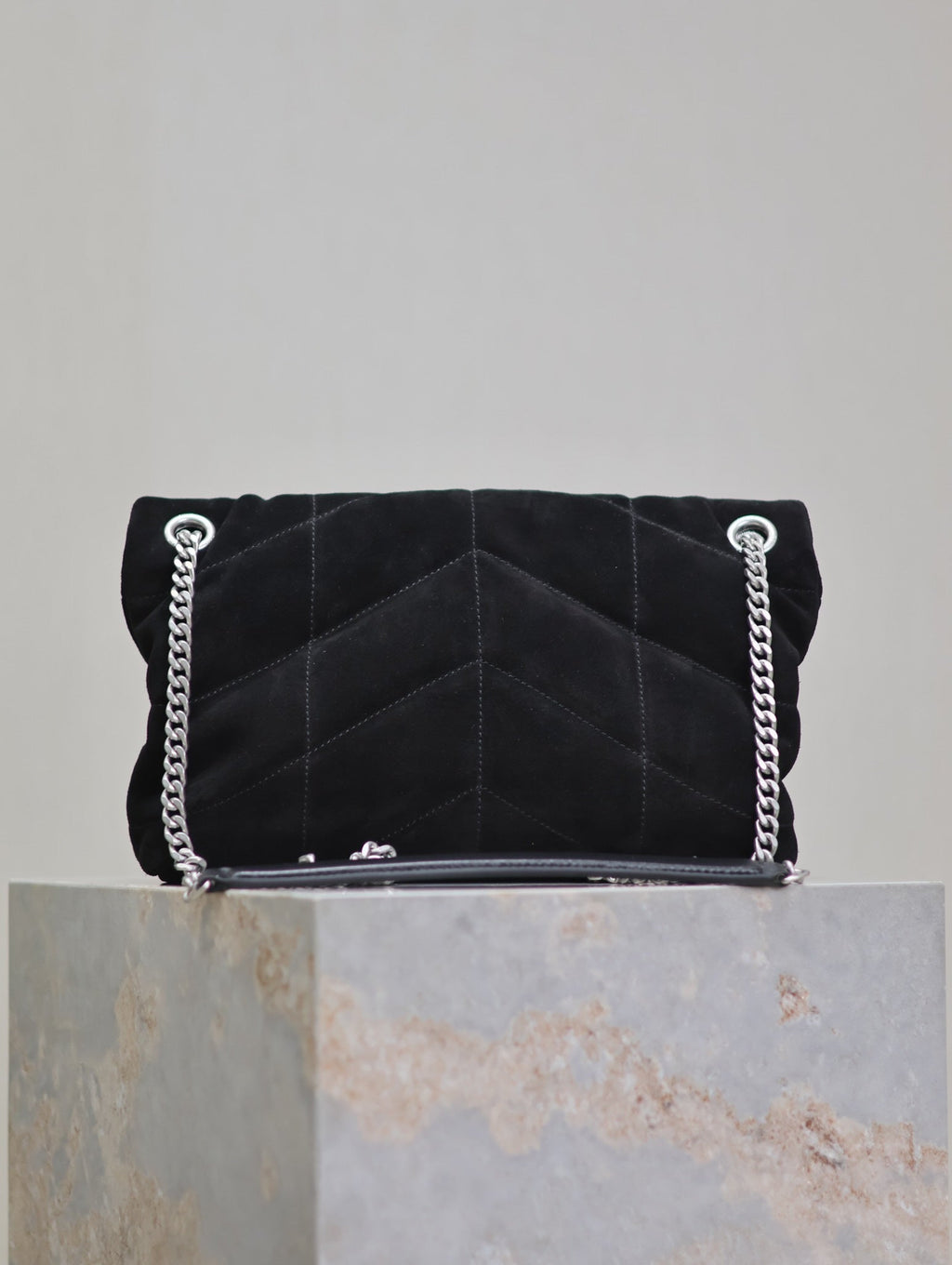 SAINT LAURENT PUFFER SMALL 29 IN BLACK SUEDE SILVER HARDWARE