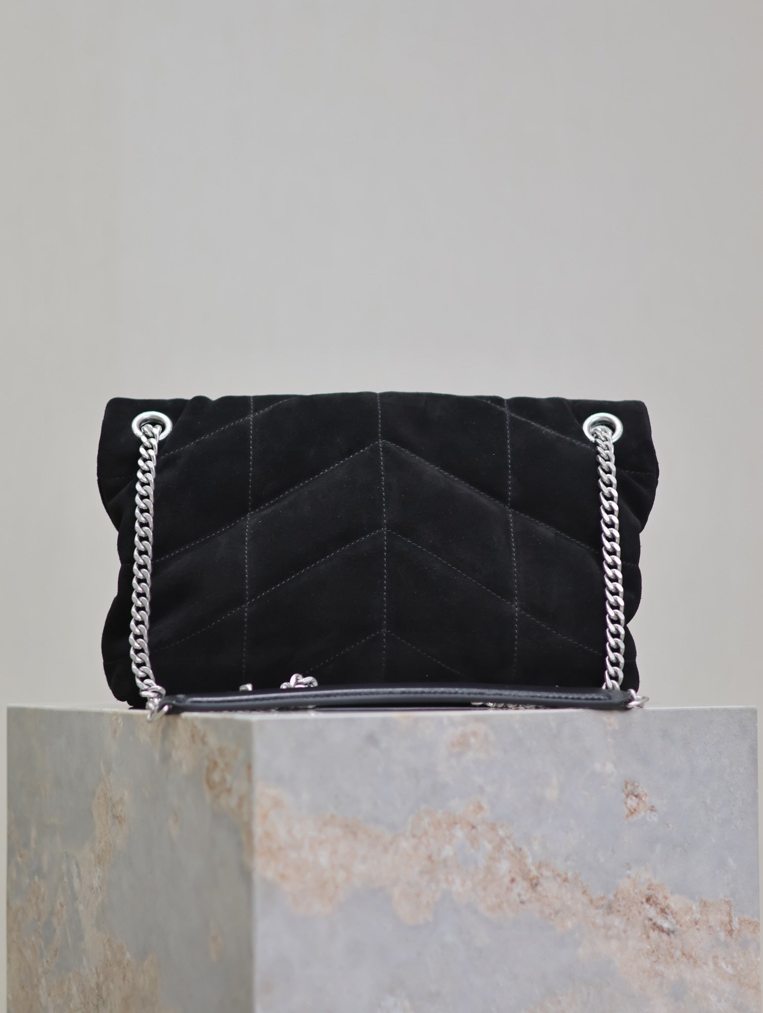 SAINT LAURENT PUFFER SMALL 29 IN BLACK SUEDE SILVER HARDWARE