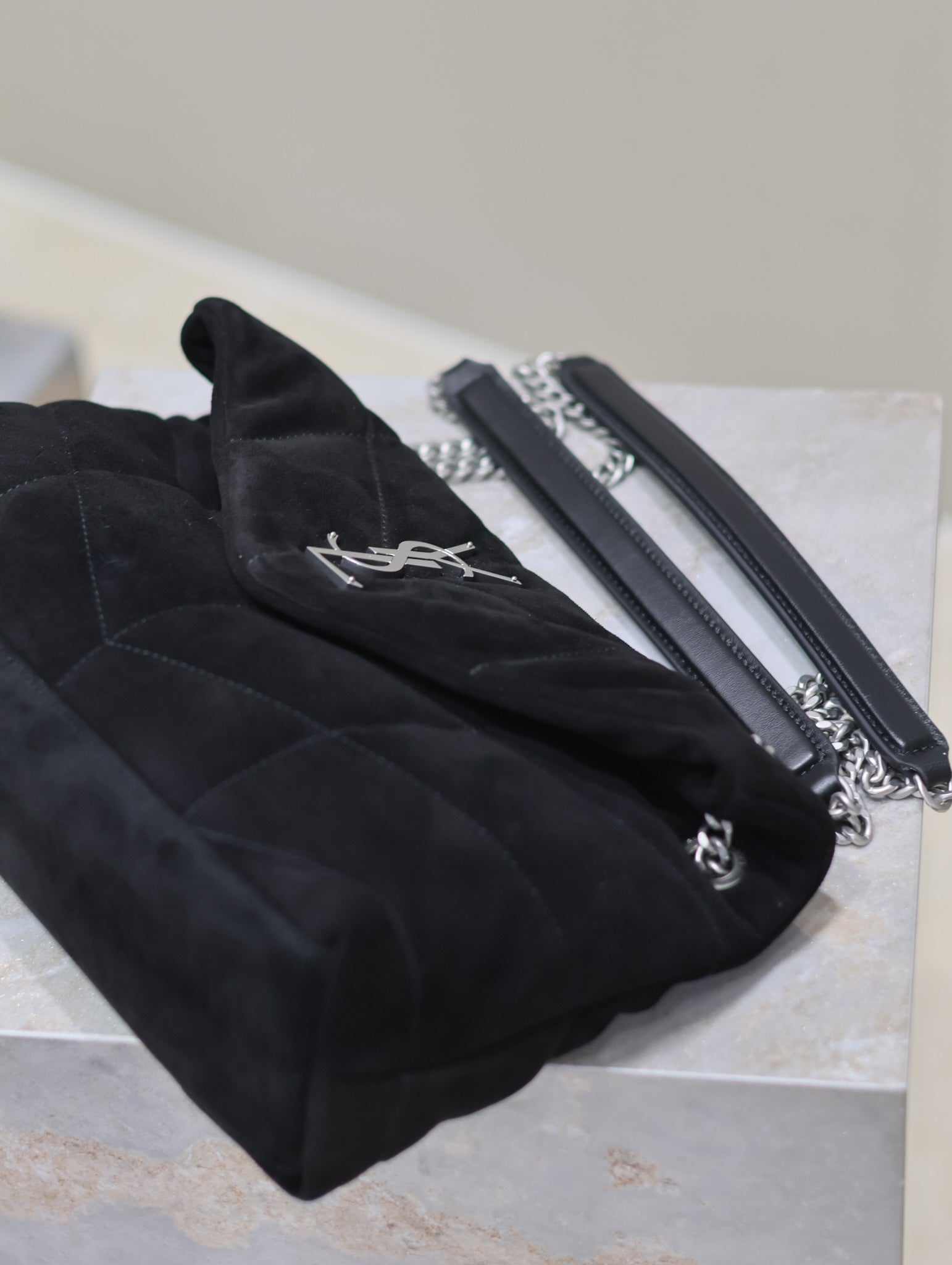 SAINT LAURENT PUFFER SMALL 29 IN BLACK SUEDE SILVER HARDWARE