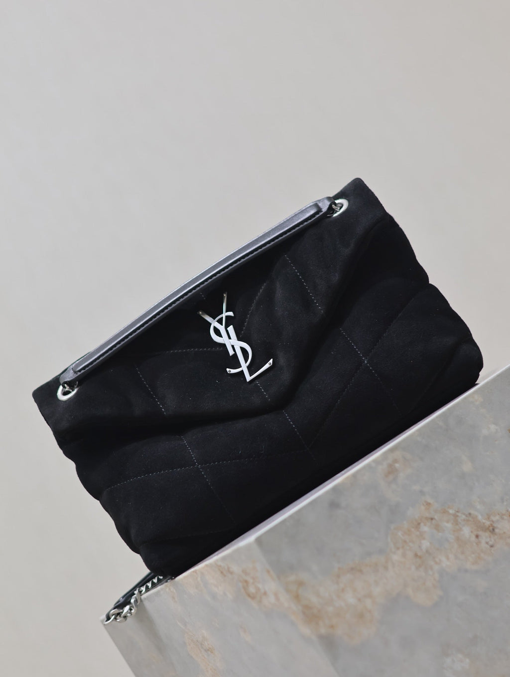 SAINT LAURENT PUFFER SMALL 29 IN BLACK SUEDE SILVER HARDWARE