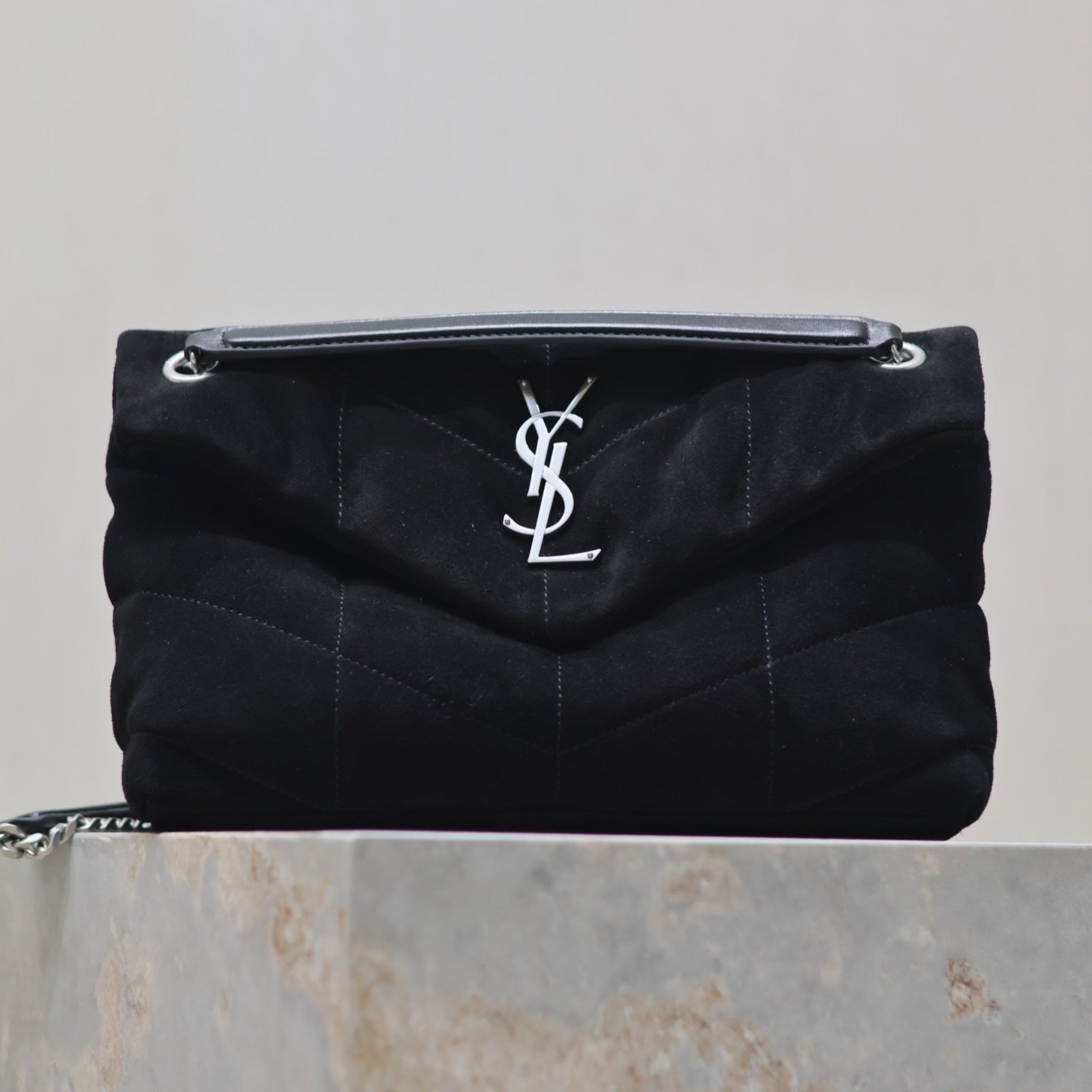 SAINT LAURENT PUFFER SMALL 29 IN BLACK SUEDE SILVER HARDWARE
