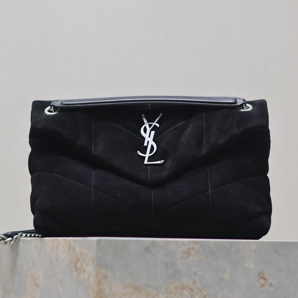 SAINT LAURENT YSL 25S LOULOU PUFFER MM 29 IN BLACK SUEDE SILVER HARDWRE