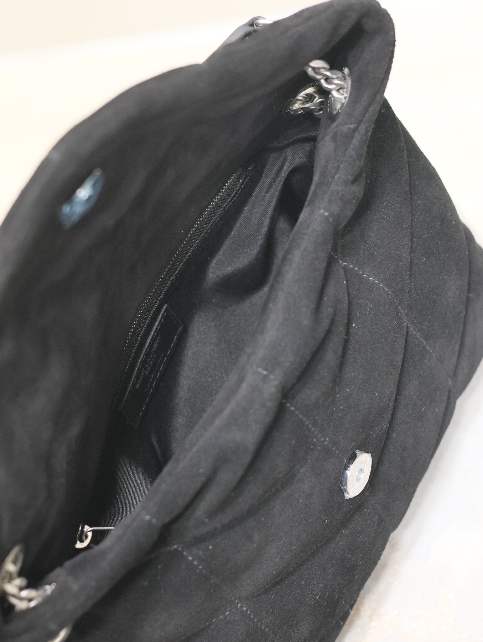 SAINT LAURENT YSL 25S LOULOU PUFFER MM 29 IN BLACK SUEDE SILVER HARDWARE