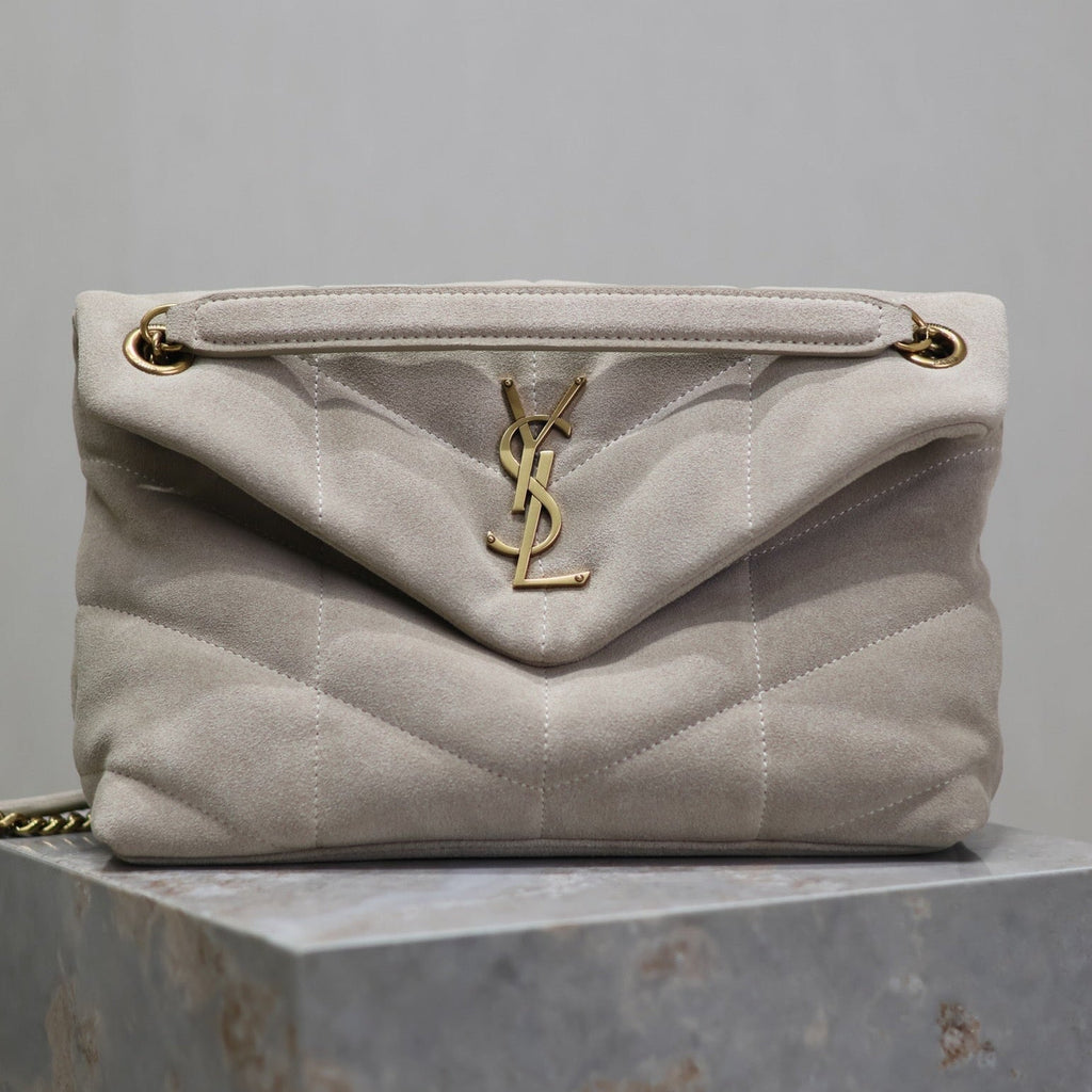 SAINT LAURENT YSL 25S LOULOU PUFFER MM 29 IN SMOKEY TAUPE SUEDE GOLD HARDWRE