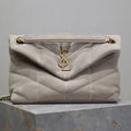 SAINT LAURENT YSL 25S LOULOU PUFFER MM 29 IN SMOKEY TAUPE SUEDE GOLD HARDWRE