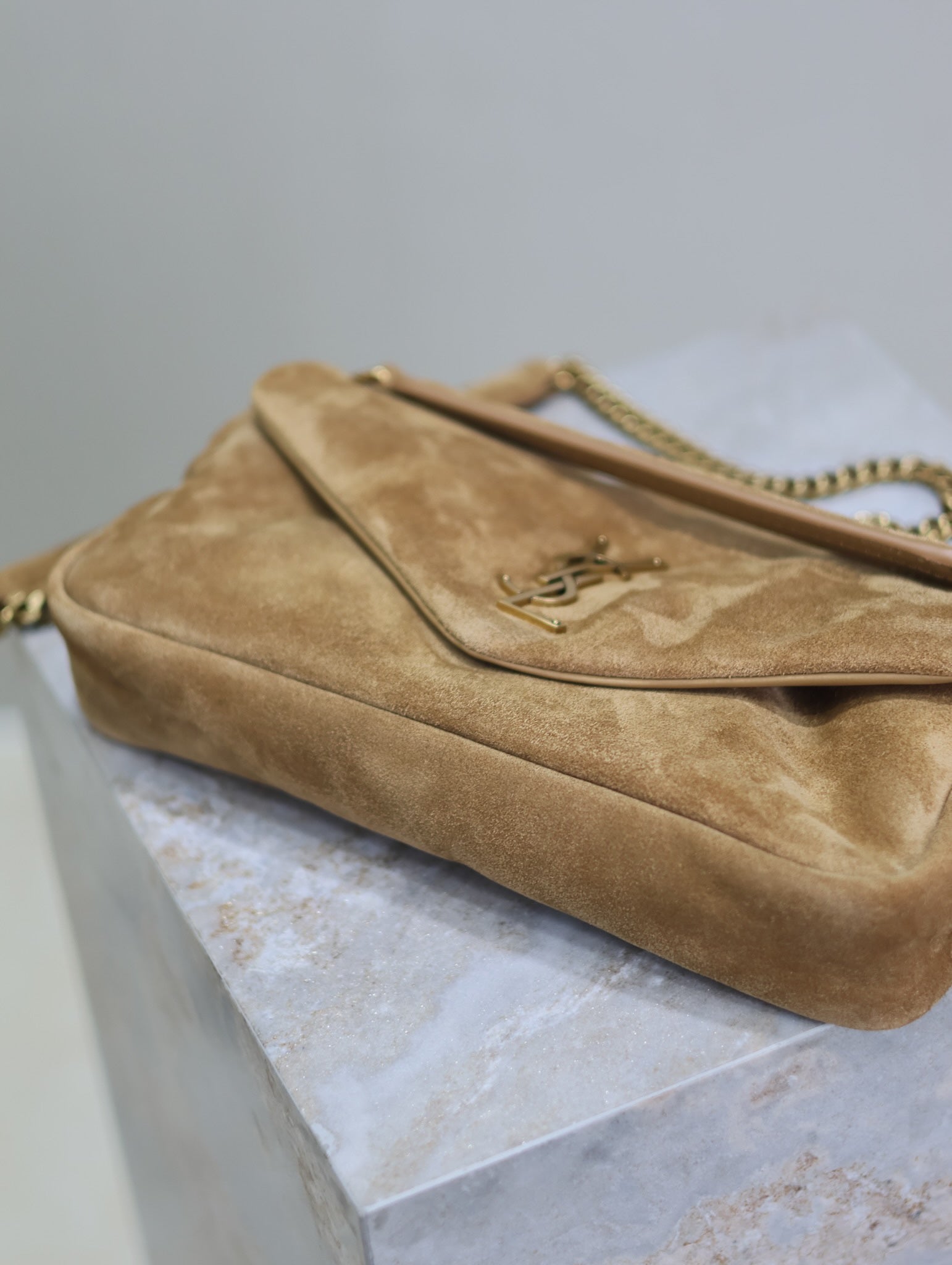 SAINT LAURENT CALYPSO BAG 26 IN CIDER BROWN SUEDE GOLD HARDWARE