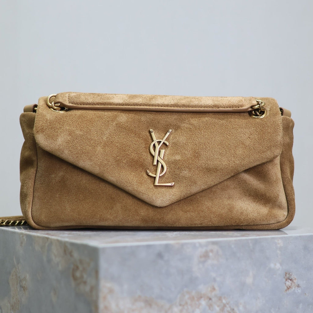 SAINT LAURENT CALYPSO BAG 26 IN CIDER BROWN SUEDE GOLD HARDWARE