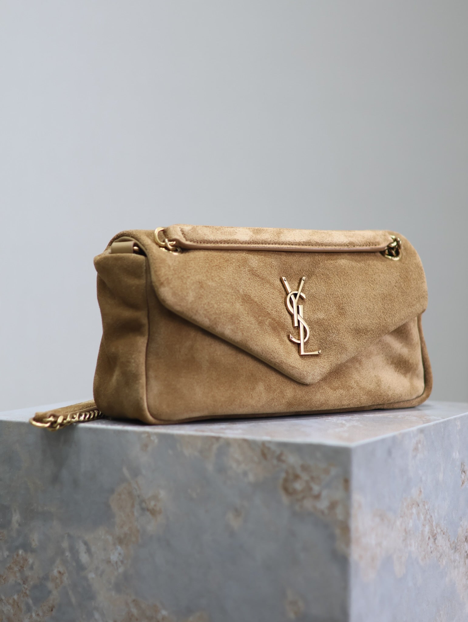 SAINT LAURENT CALYPSO BAG 26 IN CIDER BROWN SUEDE GOLD HARDWARE
