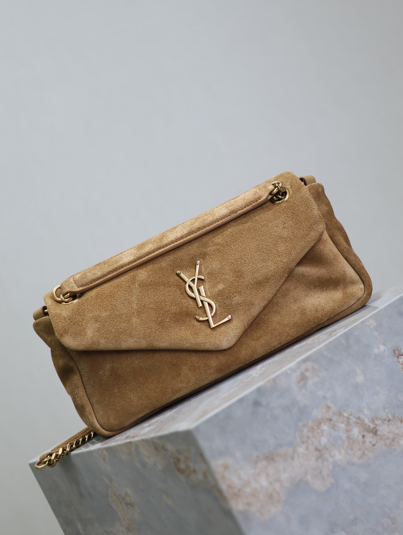 SAINT LAURENT CALYPSO BAG 26 IN CIDER BROWN SUEDE GOLD HARDWARE