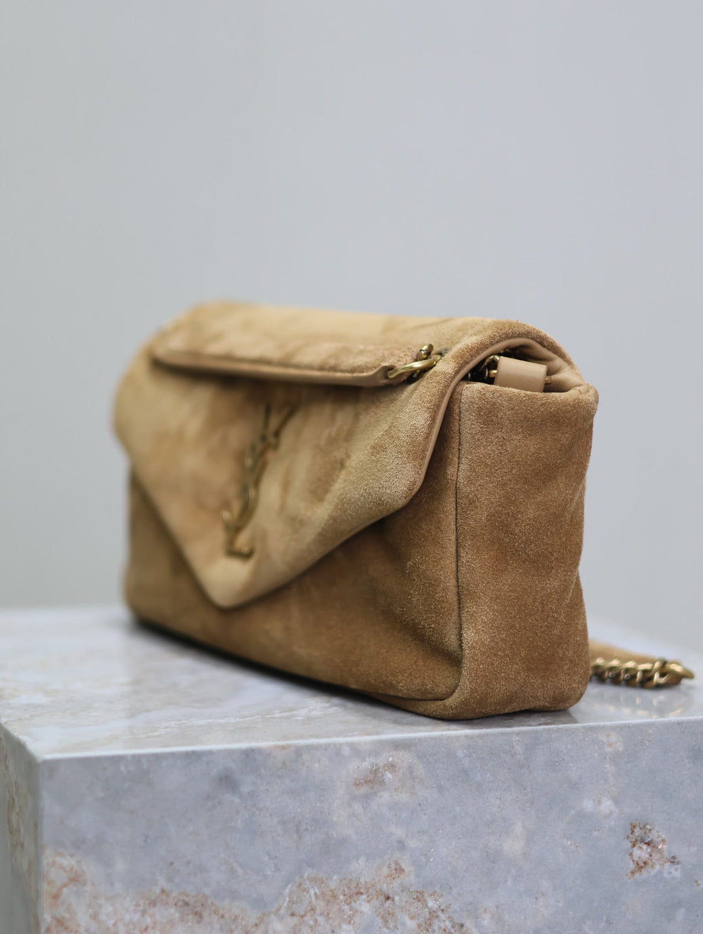 SAINT LAURENT CALYPSO BAG 26 IN CIDER BROWN SUEDE GOLD HARDWARE