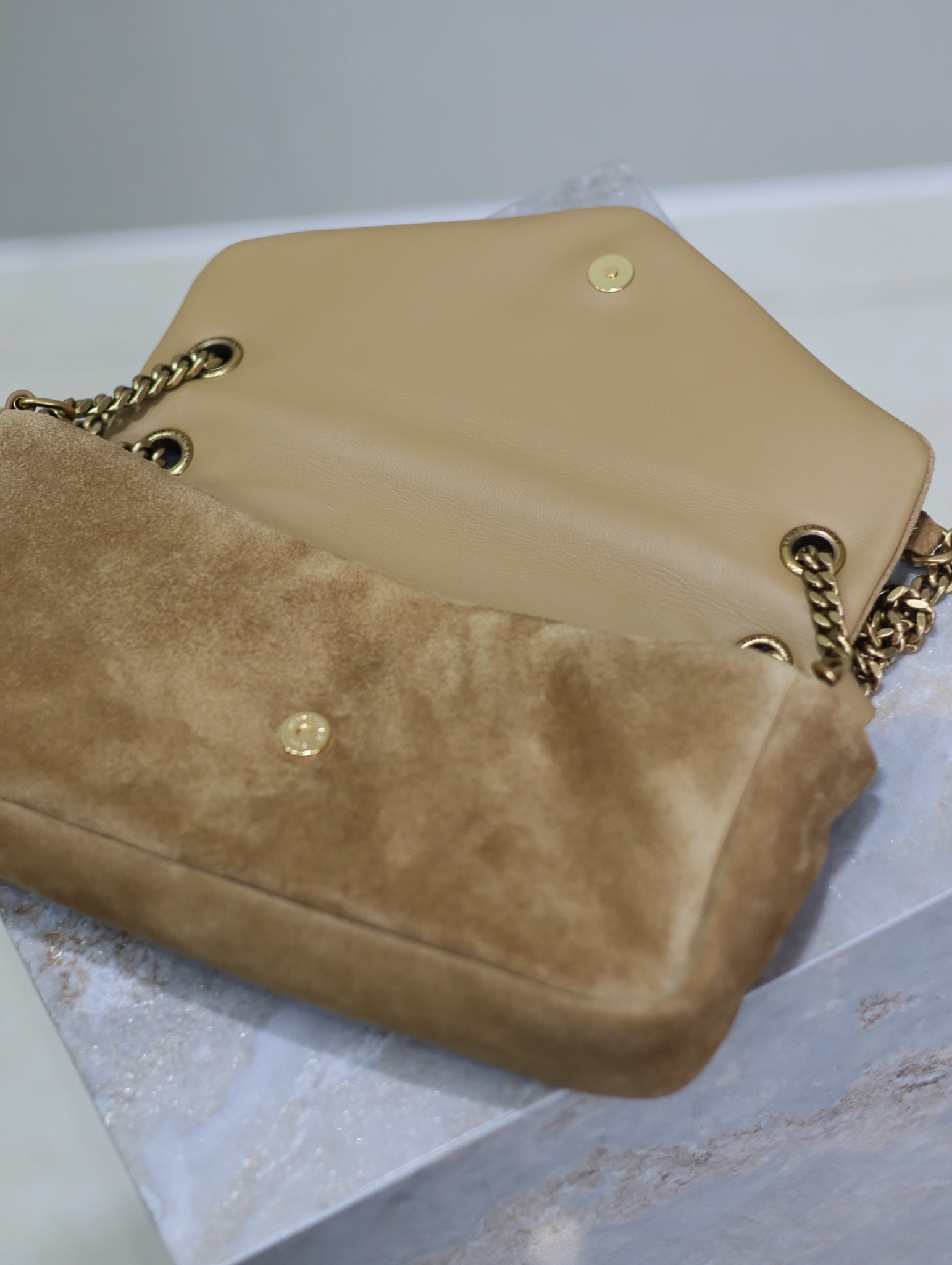 SAINT LAURENT CALYPSO BAG 26 IN CIDER BROWN SUEDE GOLD HARDWARE
