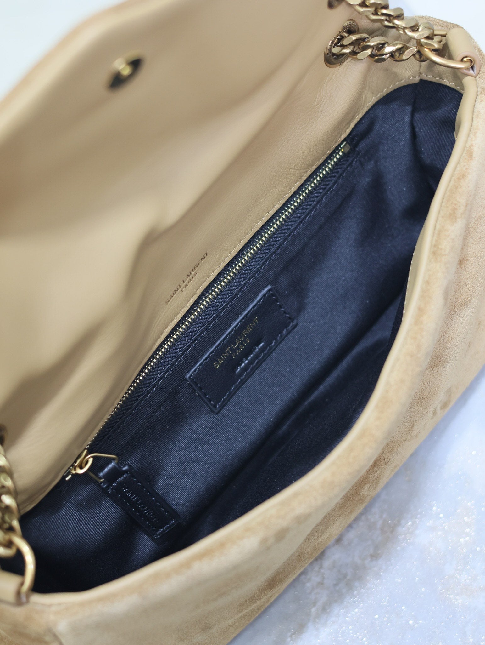SAINT LAURENT CALYPSO BAG 26 IN CIDER BROWN SUEDE GOLD HARDWARE