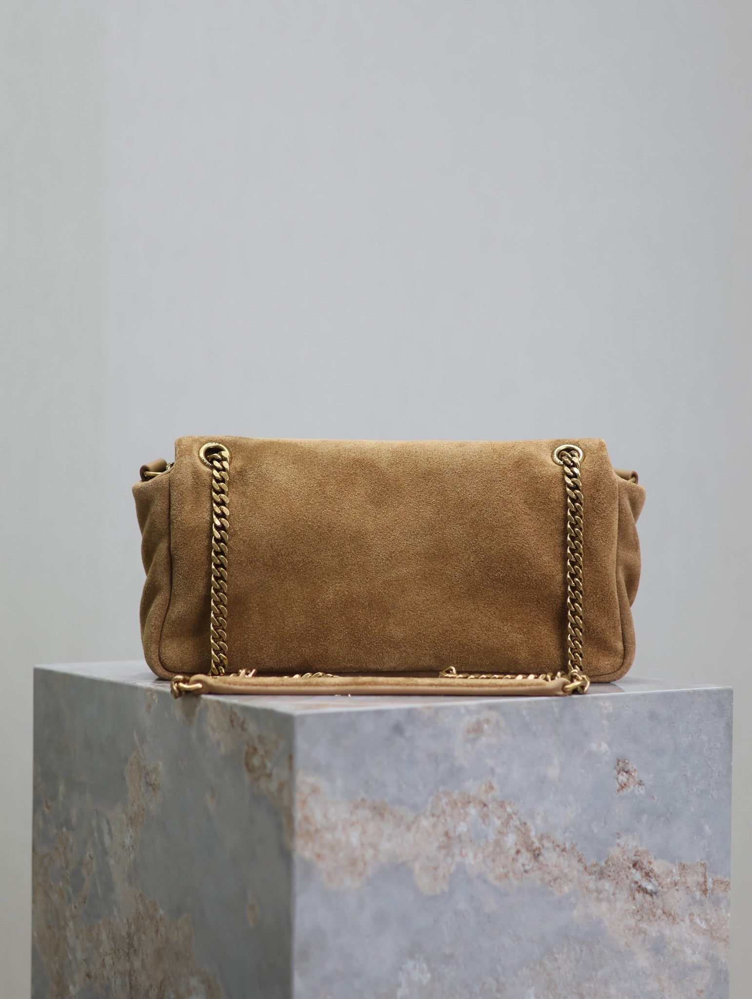 SAINT LAURENT CALYPSO BAG 26 IN CIDER BROWN SUEDE GOLD HARDWARE