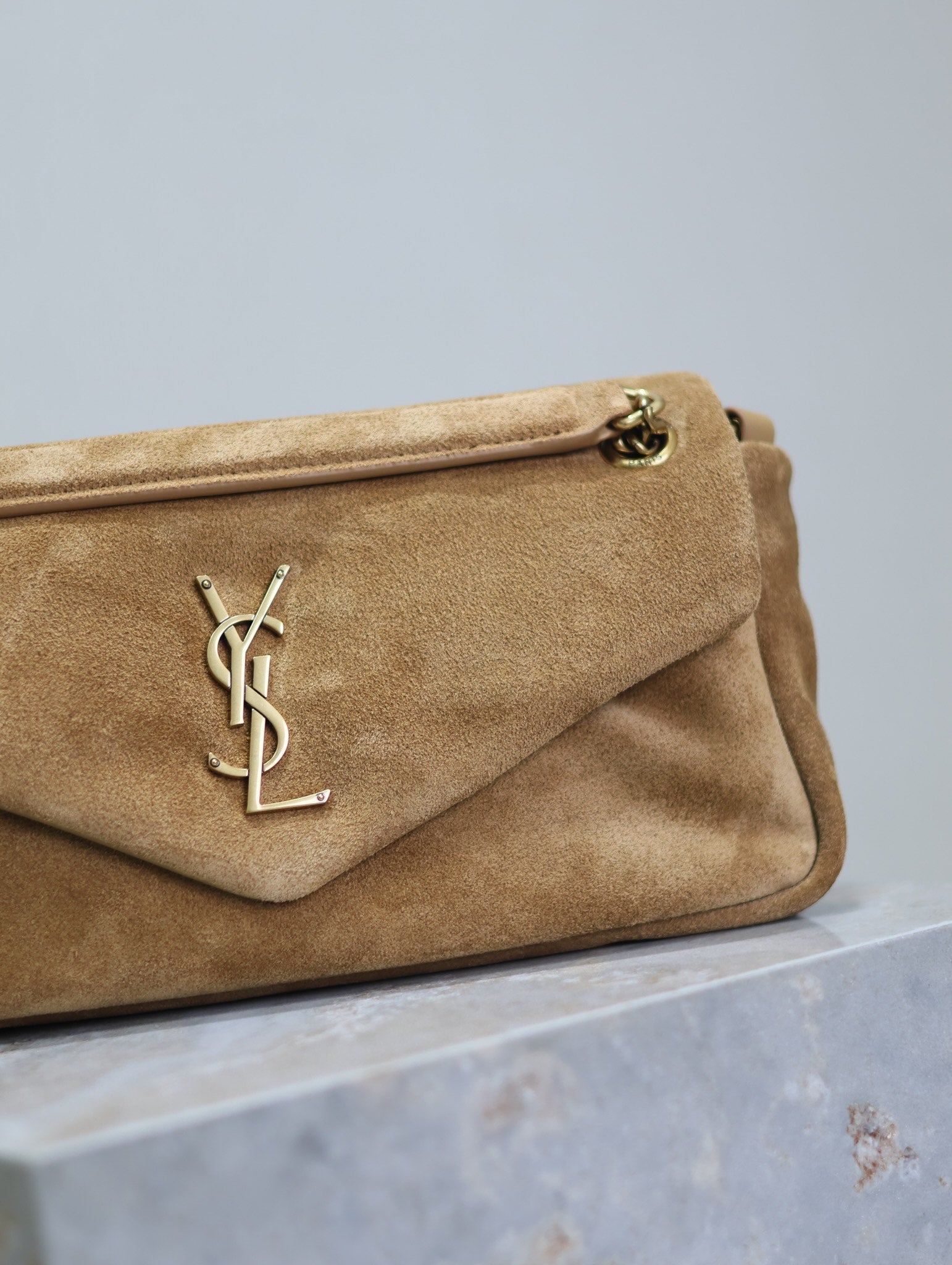 SAINT LAURENT CALYPSO BAG 26 IN CIDER BROWN SUEDE GOLD HARDWARE