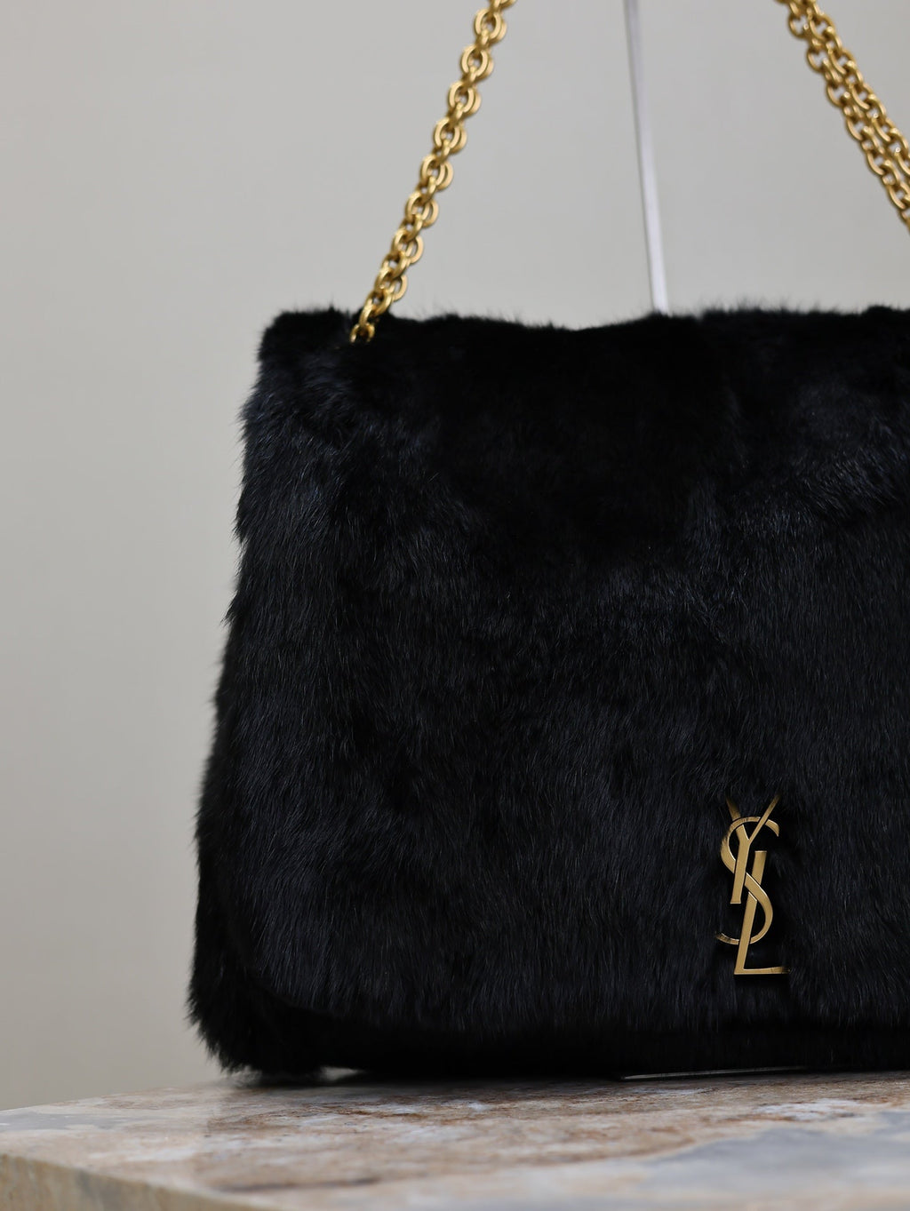 SAINT LAURENT JAMIE 4.3 LARGE BAG 43 IN BLACK LAMB FUR GOLD HARDWARE