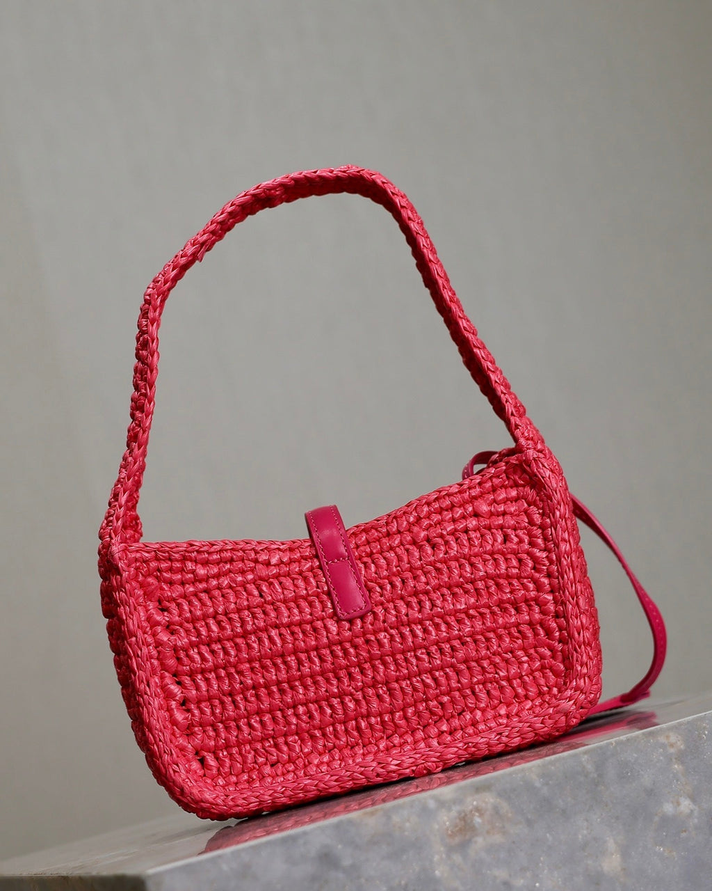 SAINT LAURENT LE 5 À 7 BAG  19 IN MAGENTA PINK WOVEN RAFFIA