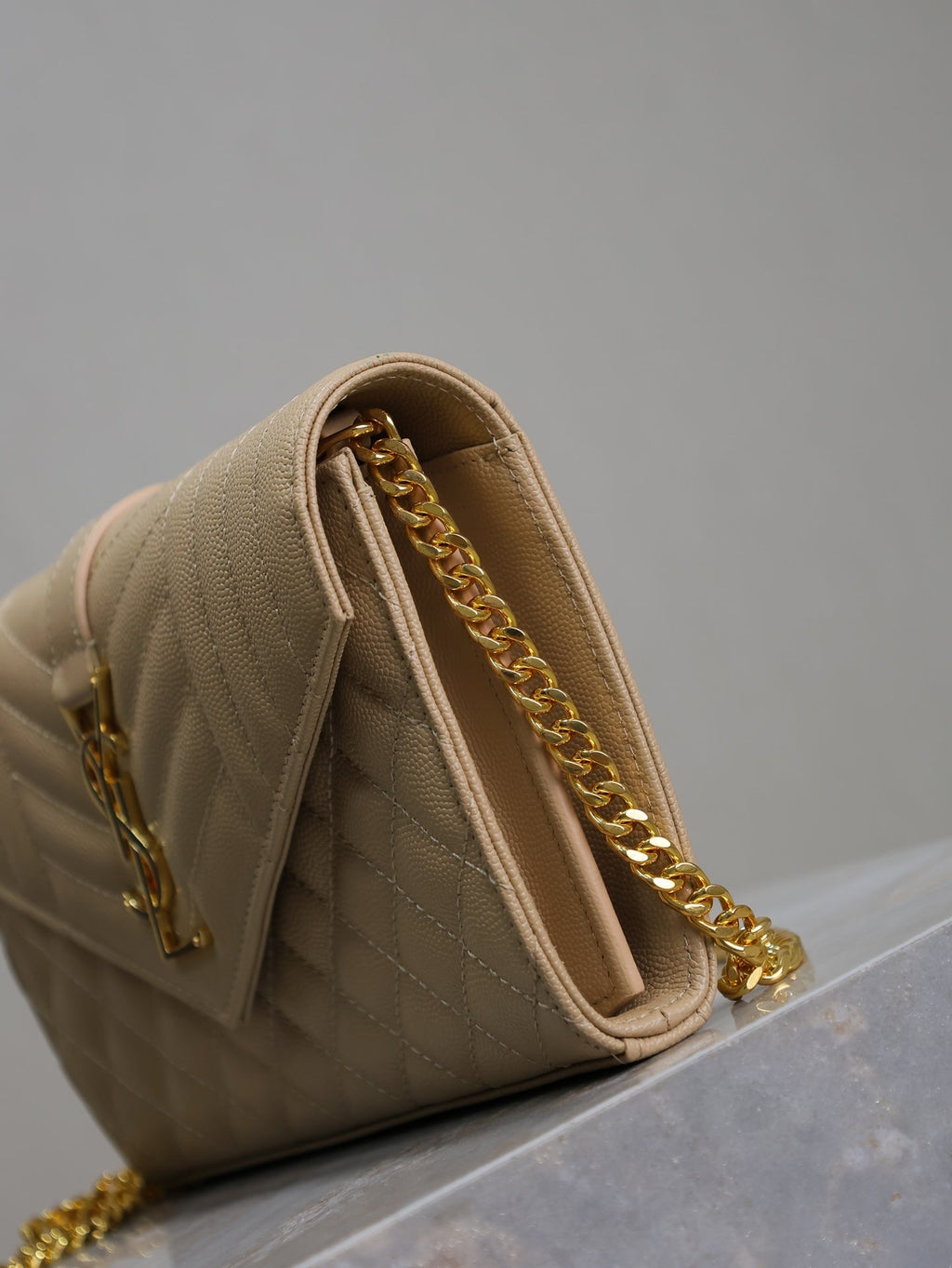 SAINT LAURENT ENVELOPE CHAIN BAG 22 IN SEPIA TAN LAMBSKIN GOLD HARDWARE