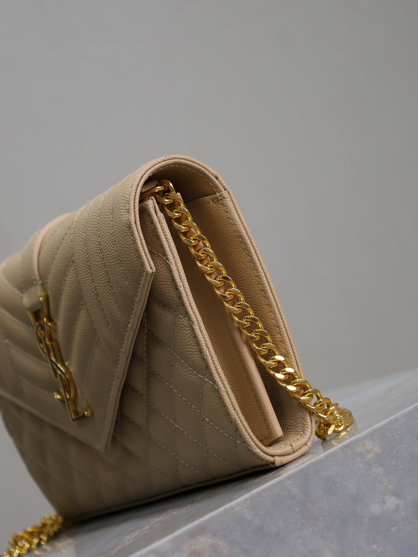 SAINT LAURENT ENVELOPE CHAIN BAG 22 IN SEPIA TAN LAMBSKIN GOLD HARDWARE