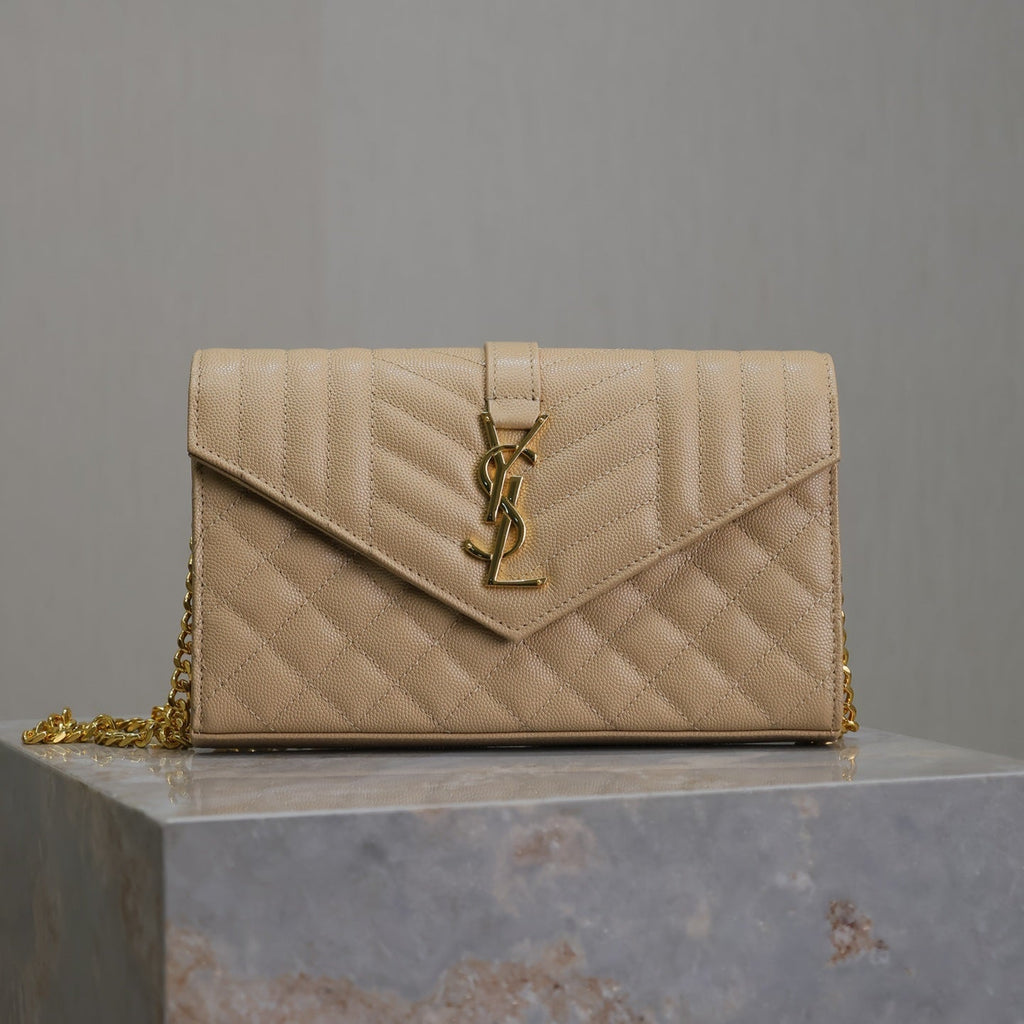 SAINT LAURENT ENVELOPE CHAIN BAG 22 IN SEPIA TAN LAMBSKIN GOLD HARDWARE