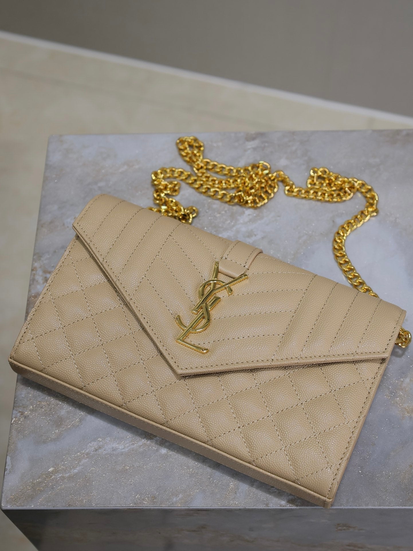SAINT LAURENT ENVELOPE CHAIN BAG 22 IN SEPIA TAN LAMBSKIN GOLD HARDWARE