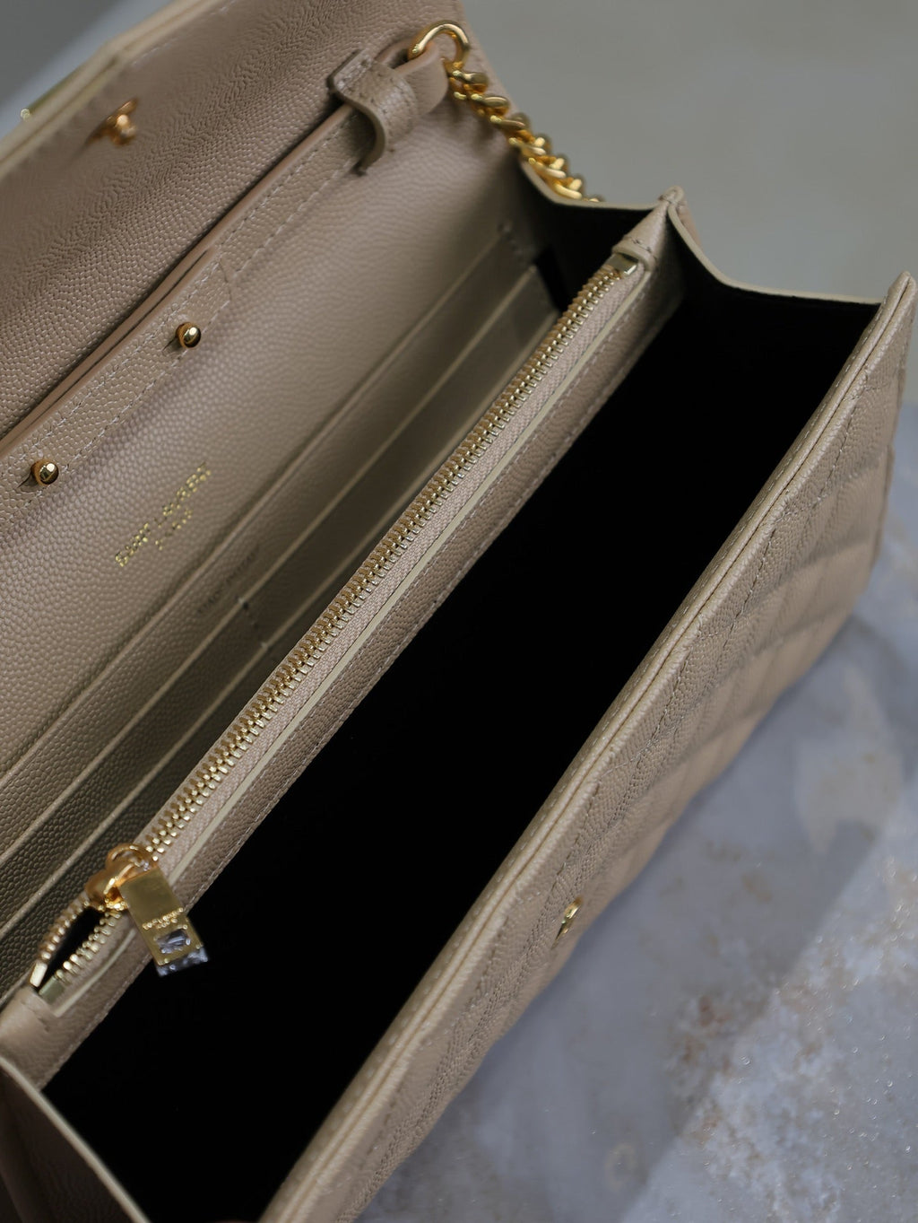 SAINT LAURENT ENVELOPE CHAIN BAG 22 IN SEPIA TAN LAMBSKIN GOLD HARDWARE