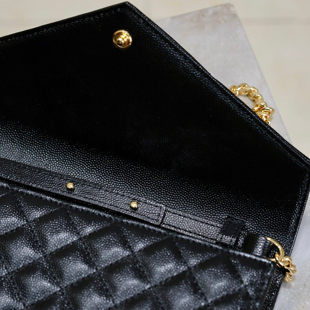 SAINT LAURENT ENVELOPE CHAIN BAG 22 IN BLACK LAMBSKIN GOLD HARDWARE